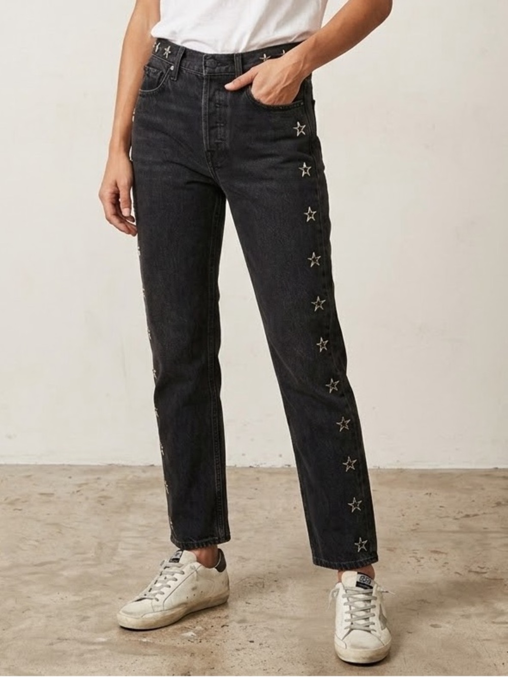 GRLFRND Helena High-Rise Straight Leg Star Studded Black Denim Jeans - Size 25
